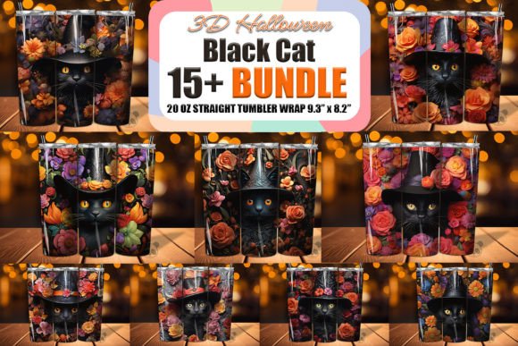 3D Black Cat in Witch Hat Tumbler Bundle