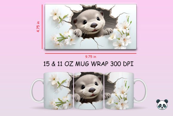 3D Cute Baby Otter Cracked Mug Wrap Design
